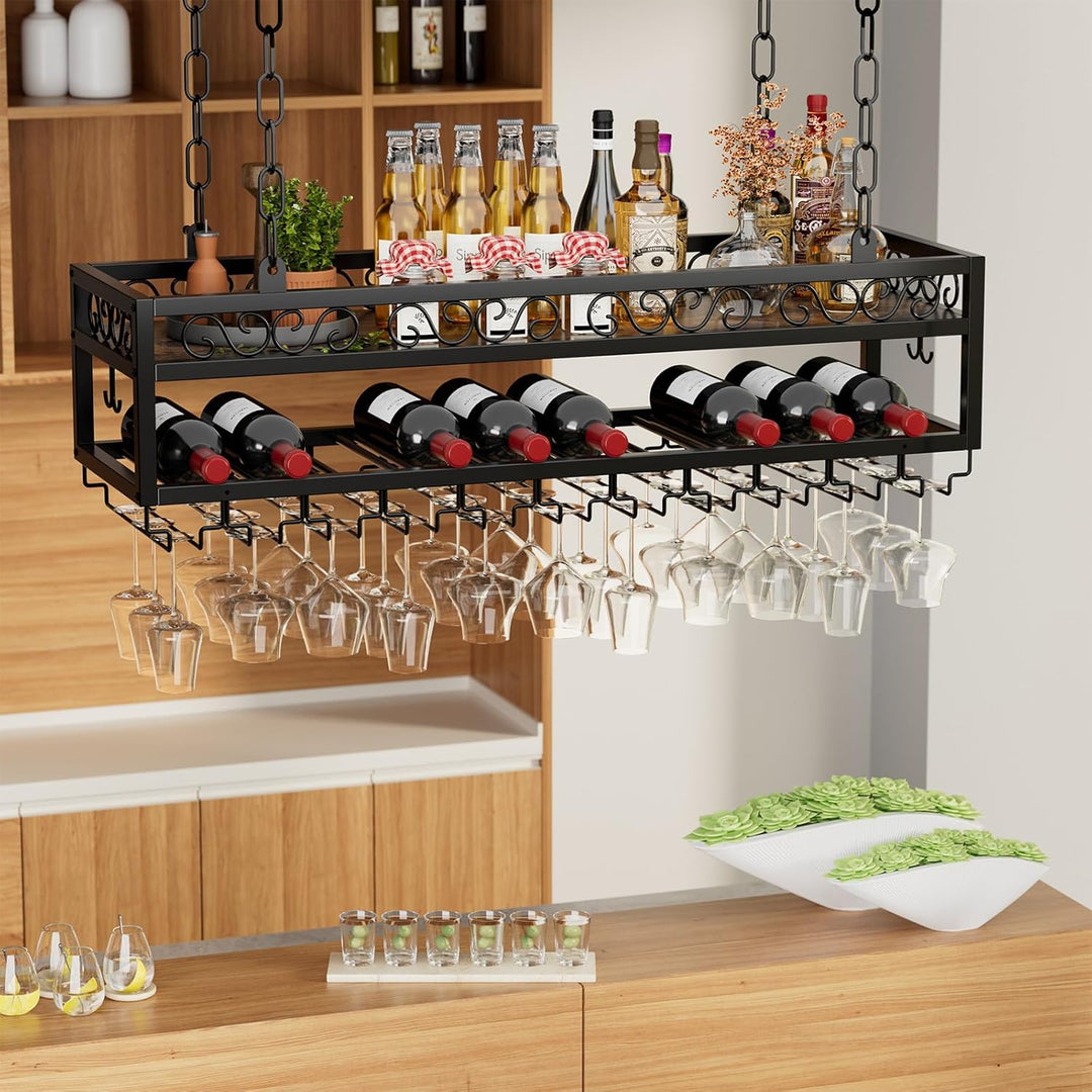 Deckenregal Weinregal Hängends Höhenverstellbare Deckenweinregal mit Glashalter Eisenkette Verstellb