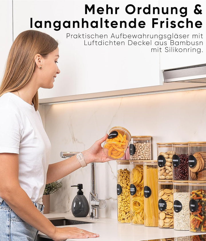 Deco haus® Vorratsgläser mit Deckel luftdicht + Etiketten [6er KOMBI SET] - Für Müsli, Cornflakes, M
