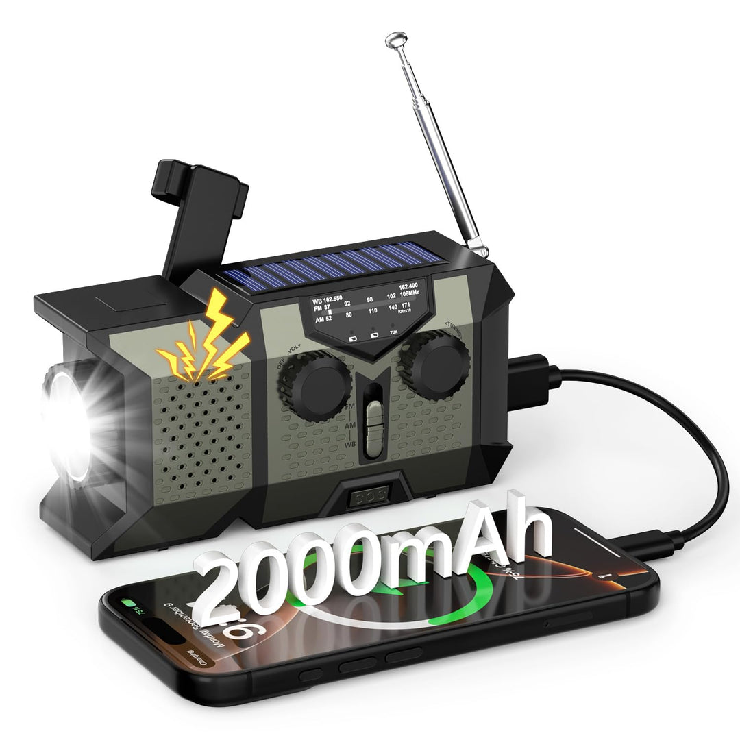 Notfall-Solarradio, Tragbares Kurbelradio mit 3-Wege-Laden, AM/FM/SW Weltempfänger, LED Taschenlampe