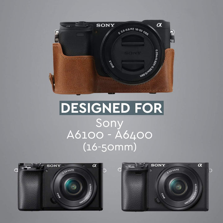 MegaGear Ever Ready Kameratasche aus echtem Leder, kompatibel mit Sony Alpha A6100, A6400 (16–50 mm)
