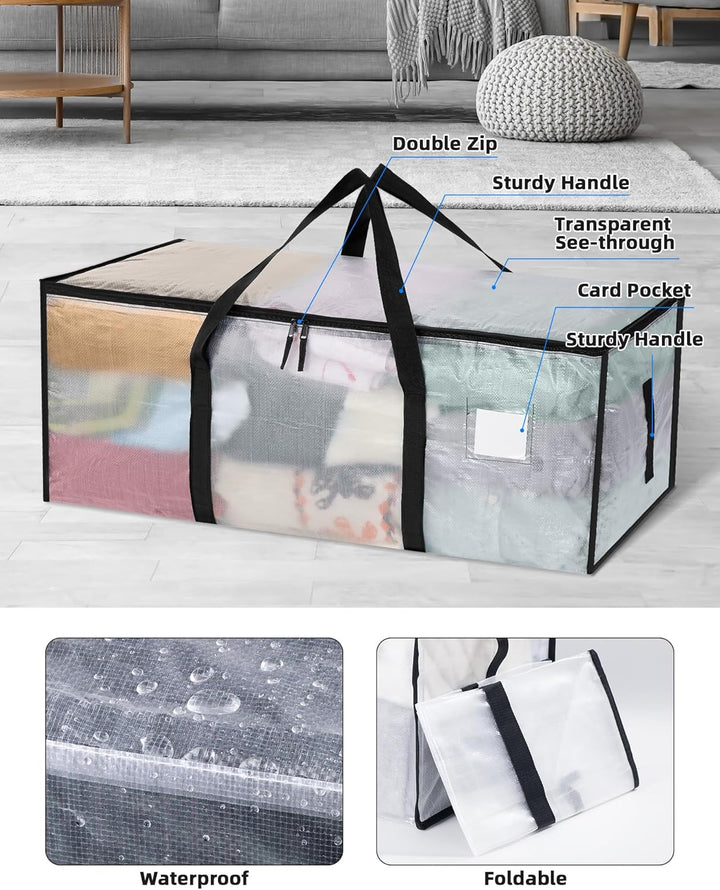 JOJOSEE 6 Stück 120L Aufbewahrungstasche, Grosse Transparente Umzugstaschen mit Reissverschluss Grif