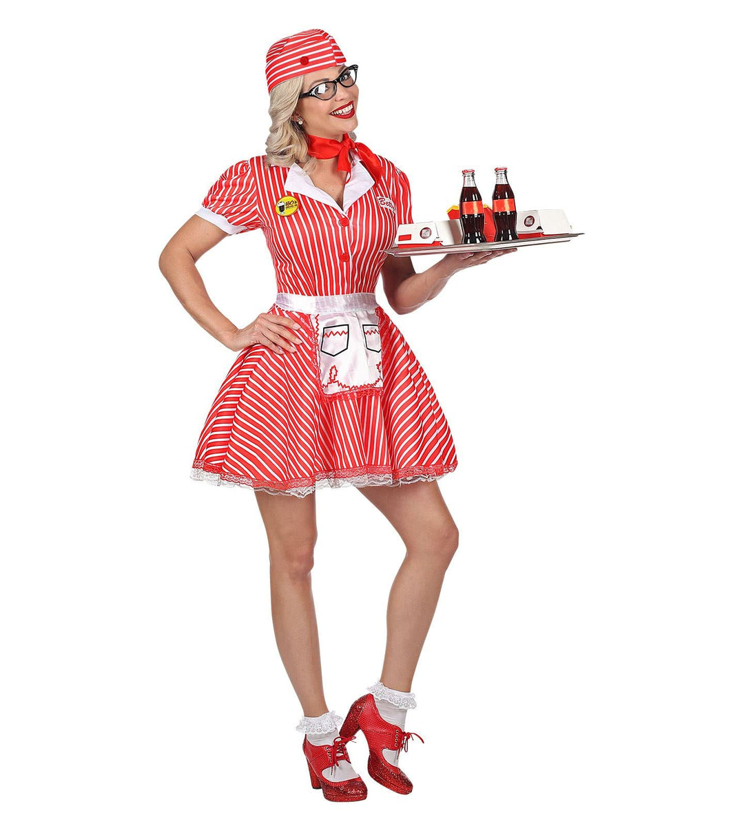 "50s WAITRESS" (dress with petticoat, apron, pin, neckscarf, headpiece) - (M), M