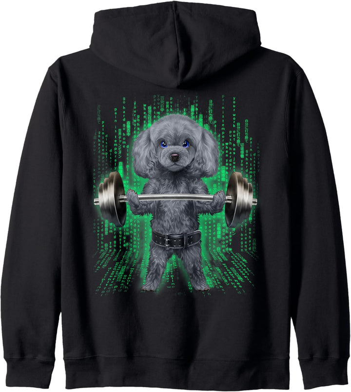 Pudelhund, der Gewichte im Cyber-Fitnessstudio hebt Kapuzenjacke