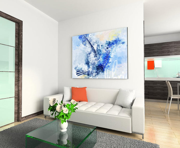 Paul Sinus Art Bild Leinwand 120x80cm Eleganter Kolibri im Flug in Blautönen mit Kalligraphie, 120x8