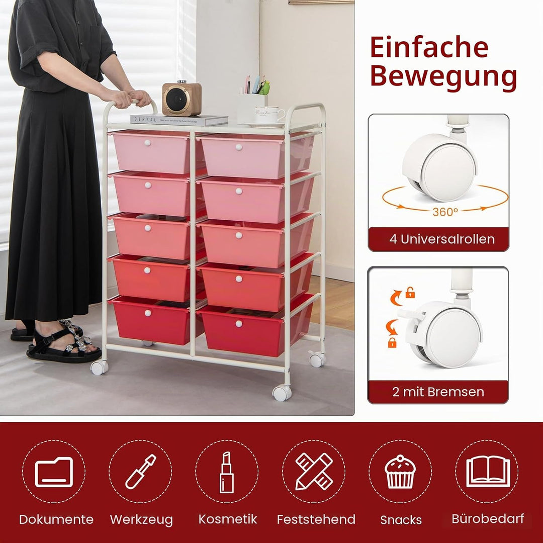 KOMFOTTEU Rollwagen mit 10/15 Schubladen stapelbar, Badrollwagen Rollcontainer mit Metallrahmen, All