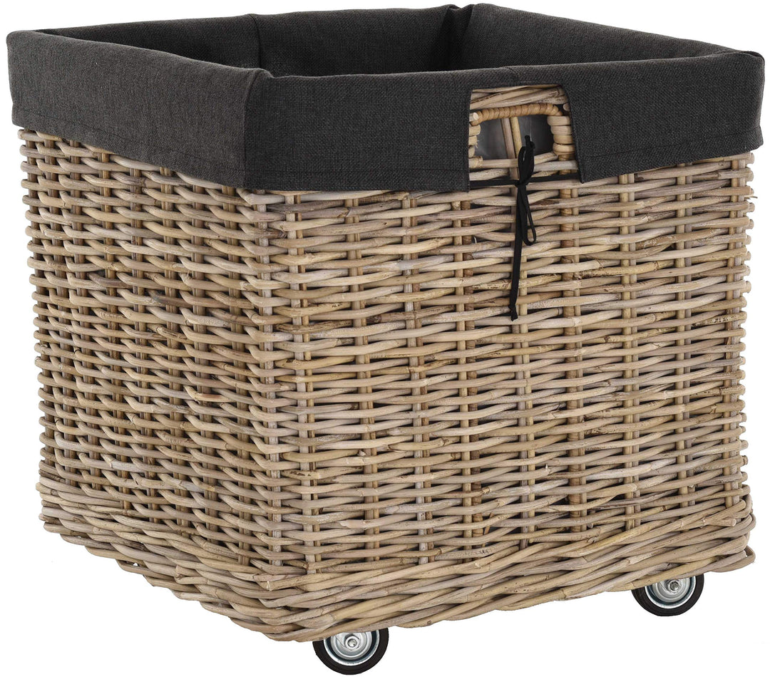 Grosser Rollkorb mit Griffen / Holzkorb mit Rollen aus grauem Natur Rattan / Aufbewahrung Holz-Wagen