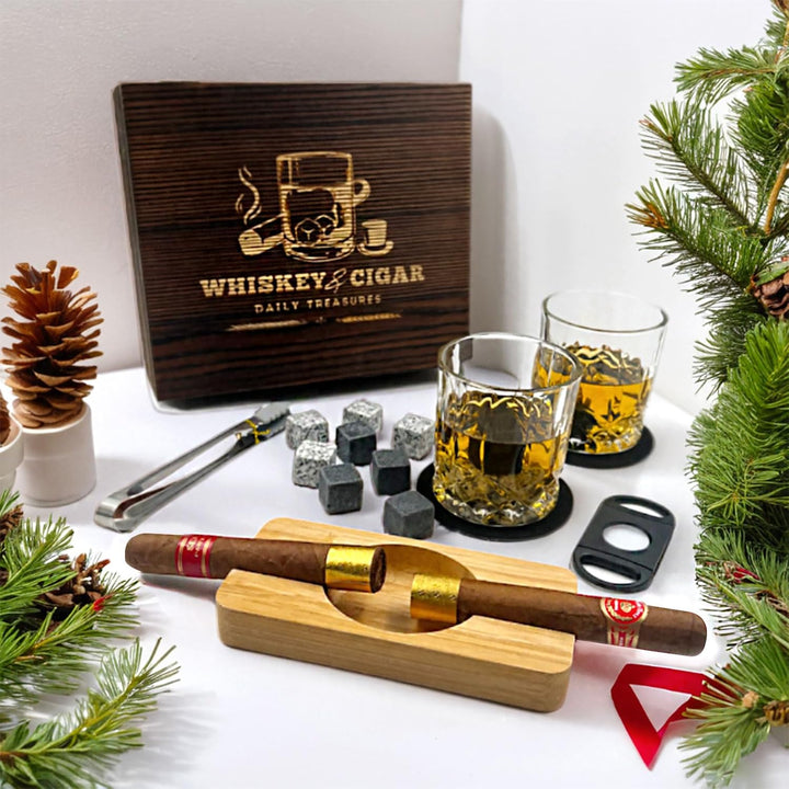 Daily Treasures Whiskey Steine Geschenkset mit hölzernem Aschenbecher&Schneider,Whiskey Gläser Set v