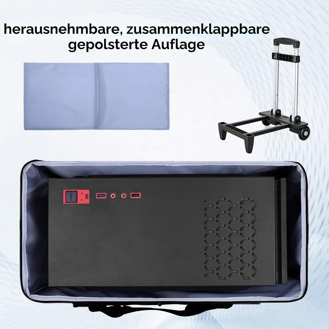 CURMIO Reisetasche für Desktop PC, PC Gehäuse Tasche mit Abnehmbarem Trolley, Desktop-Computer-Trage