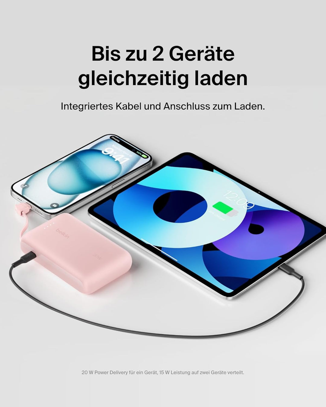 Belkin BoostCharge Power Bank, Portable Powerbank 10000mAh mit integriertem Kabel, PD 20 W – USB-C P