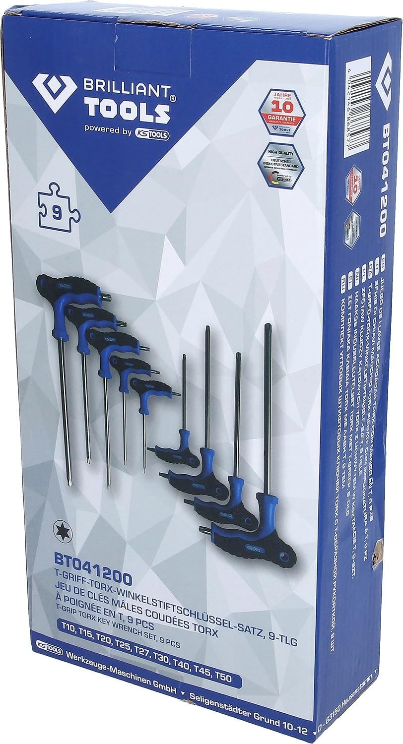 BRILLIANT TOOLS BT041200 T-Griff-Torx-Winkelstiftschlüssel-Satz, 9-TLG. [Powered by KS Tools]