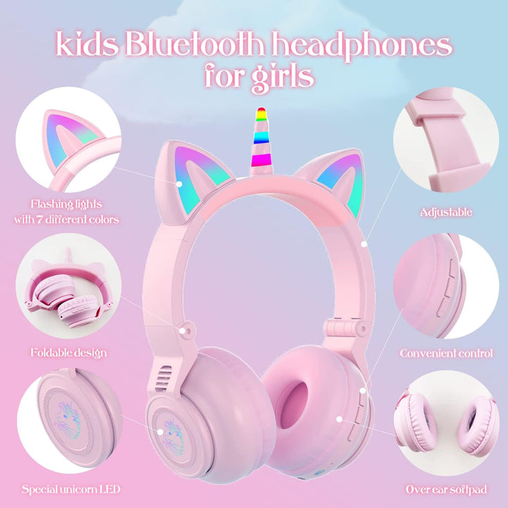 Einhorn Kopfhörer Bluetooth, Kabellos Over-Ear Headset mit LED-Beleuchtung, Stereo Sound, Mikrofon.