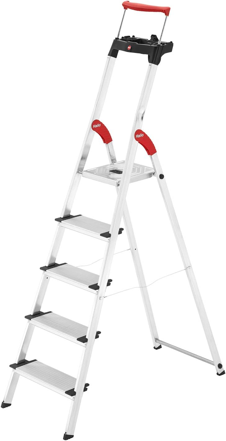 Hailo L85 ComfortLine Alu-Sicherheits-Stehleiter | 5 XXL-Stufen belastbar bis 150 kg | tiefe Standfl