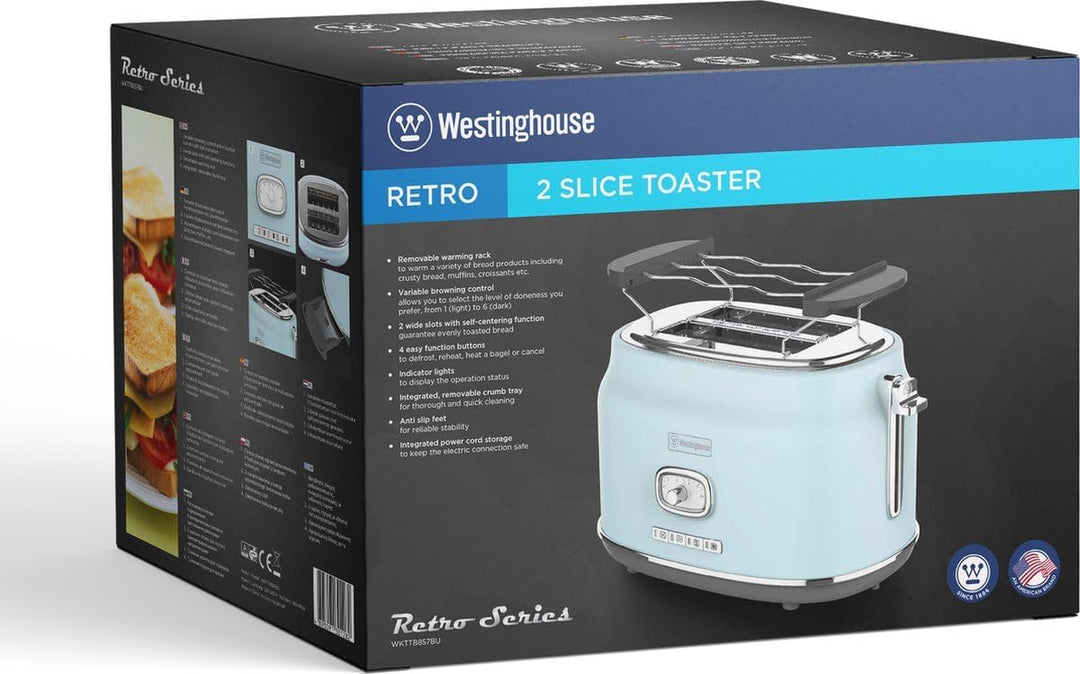 Westinghouse Retro-Toaster, 2 Scheiben, extra breite Schlitze, Warmhaltegestell, 815 W, blau Hellbla