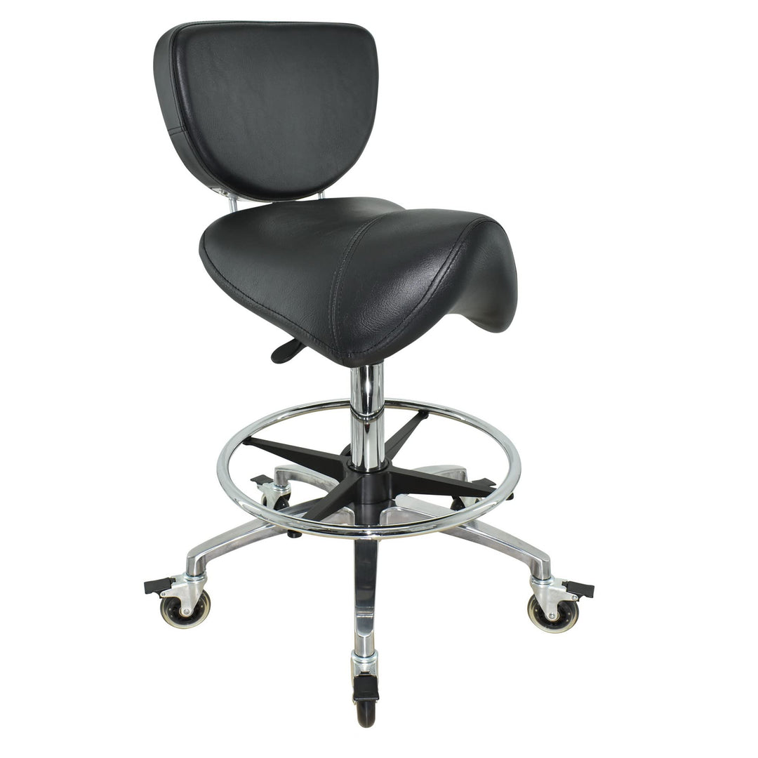 Premium Sattelhocker schwarz mit Bremse und Lehne, Sattelstuhl für Rückenentlastung, Rollhocker höhe