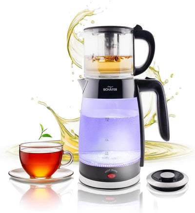 Teekocher Wasserkocher Edelstahl - Schwarz Glänzend - mit Teesieb Abschaltautomatik und Warmhaltefun