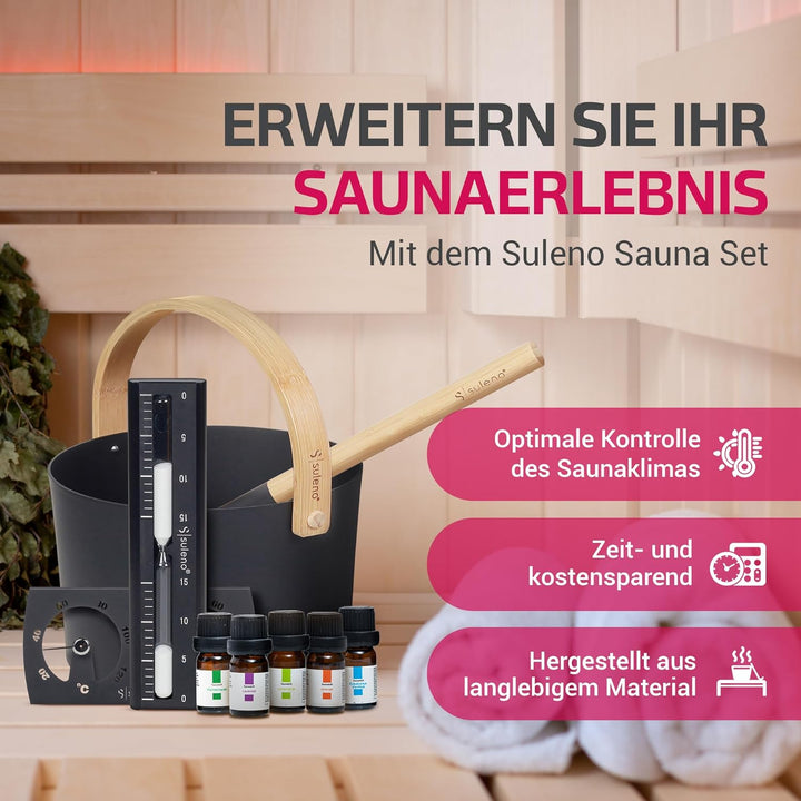 SULENO - Sauna Set KJELL | 9-teilig - Saunakübel, Saunakelle, Klimamesser 2in1, Sanduhr, Saunadüfte,