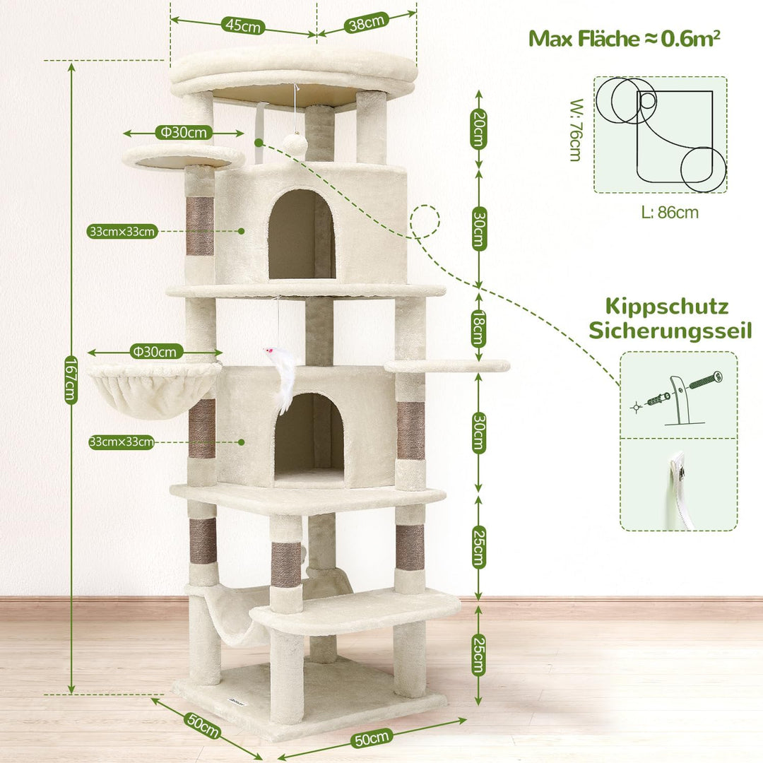 Globlazer Kratzbaum Beige Gross, Eckkratzbaum Stabil hoch 167 cm mit 2 Sektor Katzenhaus, Gepolstert