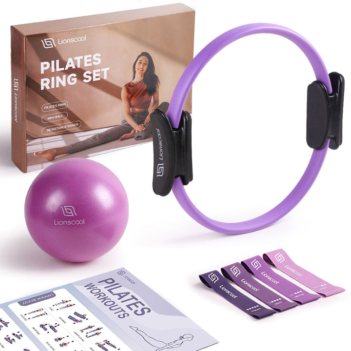 LIONSCOOL Pilates-Ring-Set – 14“/35cm Magic Circle mit Doppelgriffen – Inkl. platzfestem Miniball, W