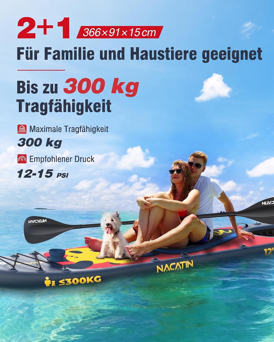 NACATIN 366cm (12ft) aufblasbares SUP Board mit Hunderampe, breites 91cm (36in) Stand Up Paddling Bo