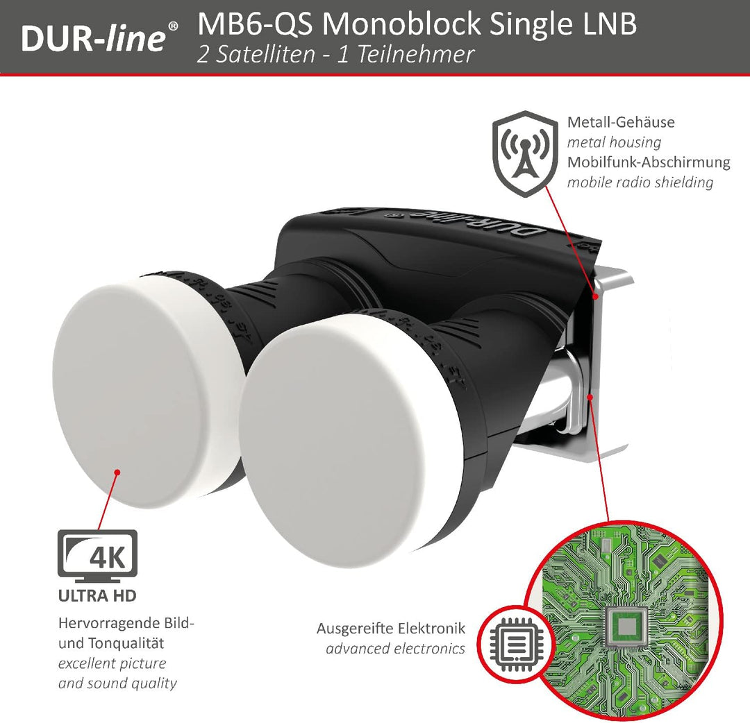 DUR-line 6° Monoblock Single LNB - Astra 19,2°E + Hotbird 13°E - 1 Teilnehmer & 2 Satelliten (MB6-US