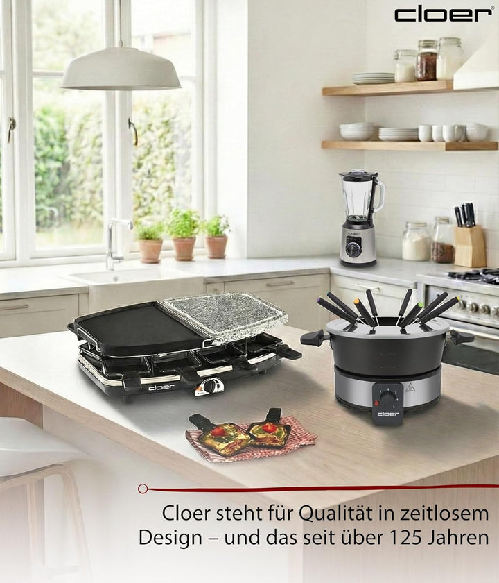 Cloer 6435 Raclette mit Naturstein / 1200 W / 8 antihaftbeschichtete Raclettepfännchen Geteilte