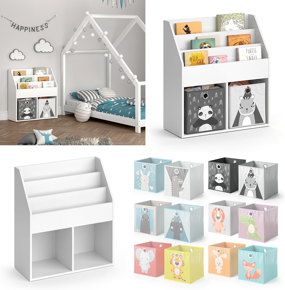 Vicco Kinderregal Luigi, Weiss, 72 x 79 cm mit 2 Faltboxen Opt.5, zur Aufbewahrung von Büchern und S