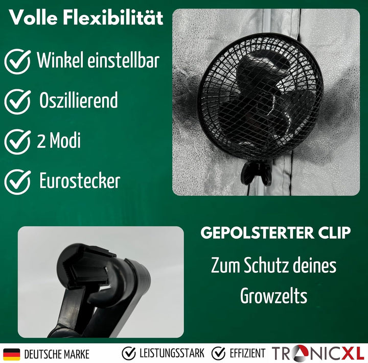 Premium Oszillierender Grow Clip Ventilator oszillierend I Extra gross I kompatibel mit Growbox für