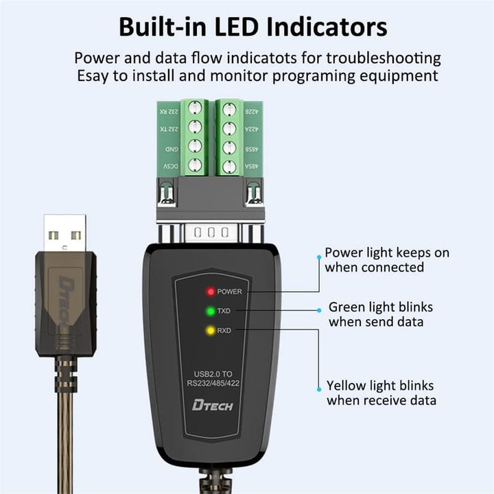 DTech USB-auf-Seriell-Adapter RS485 RS422 R232 mit Breakout Board LED-Leuchten Unterstützt DC5V für
