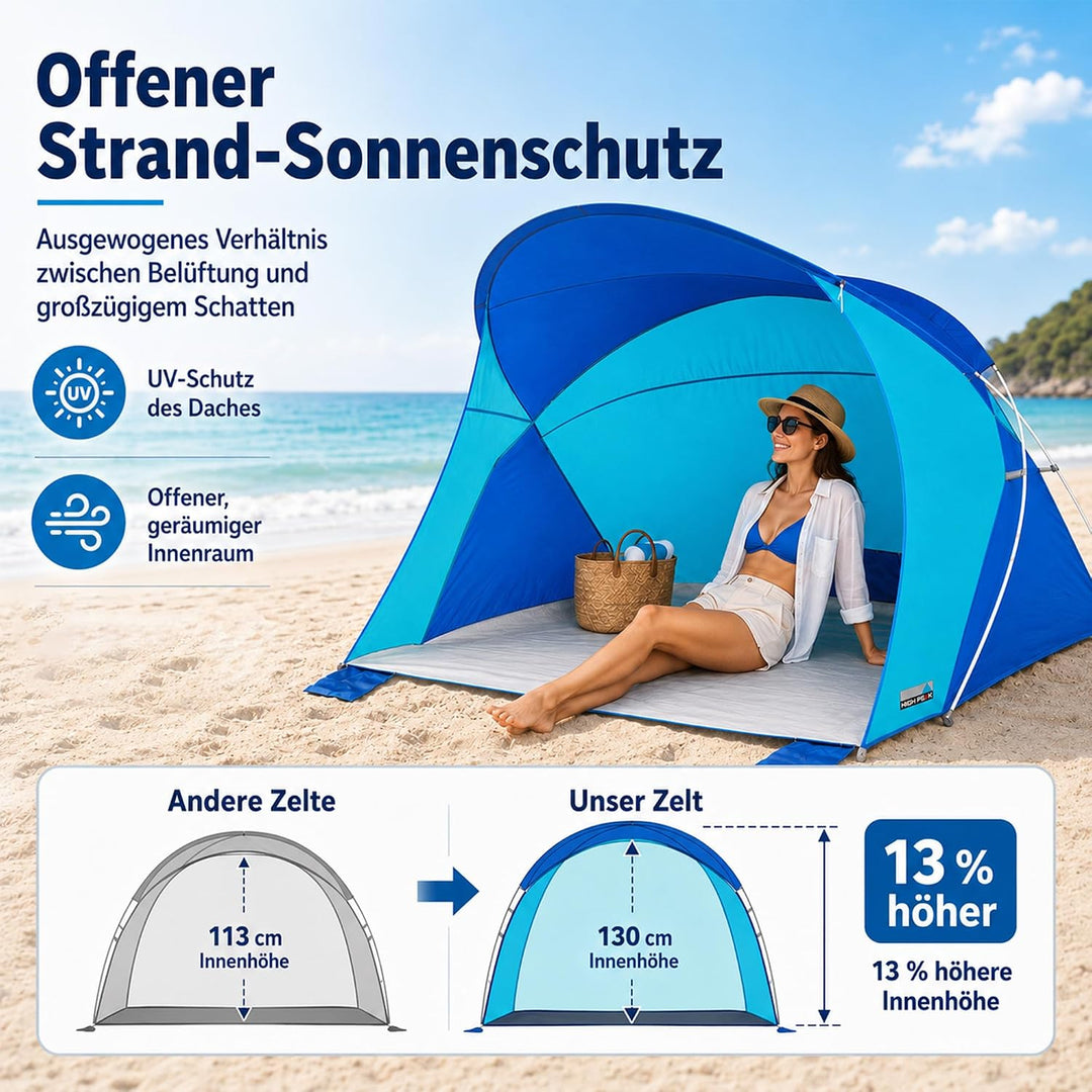 High Peak Strandmuschel mit UPF 40+, Windschutz und PU-2000-mm-Bodenplane | 200 x 150 x 130 cm für 2