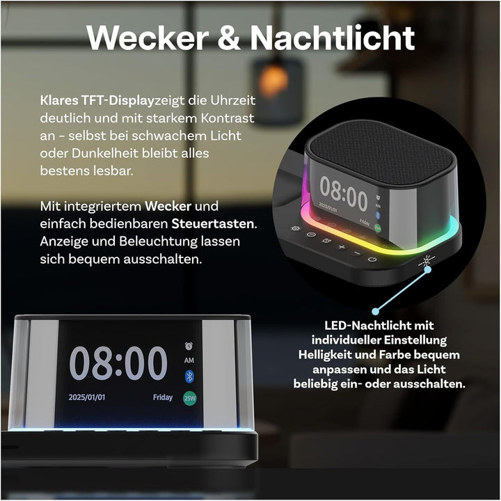 Kabellose Ladestation 5-in-1 mit Wecker, Bluetooth-Lautsprecher & LED-Nachtlicht für MagSafe von MMO