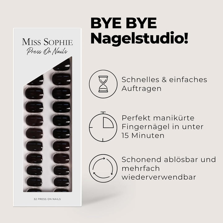 Original Miss Sophie Press On Nails | 32 Stück | Black Velvet | Short Square | Für Fingernägel 1 stü