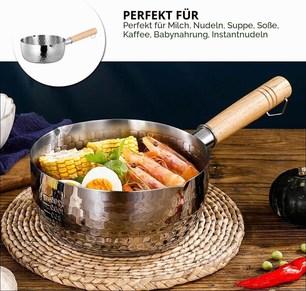 DOITOOL Yukihira-Pfanne aus Edelstahl, traditionell, japanischer Stiel, mit Holzgriff, Milchtopf für