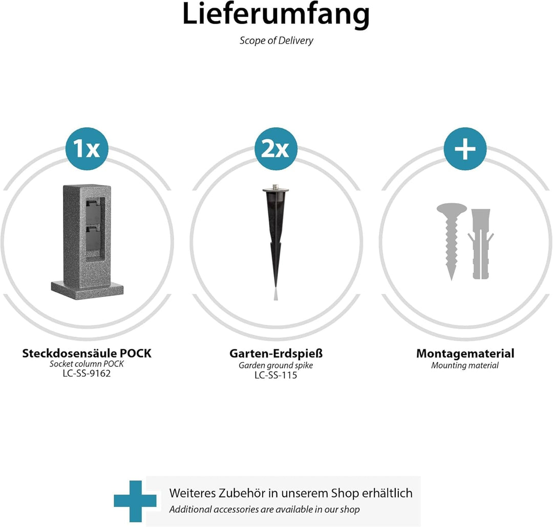 ledscom.de Garten Steckdosensäule Pock mit Erdspiess für aussen, IP44, 2-Fach, anthrazit (Stein-Opti