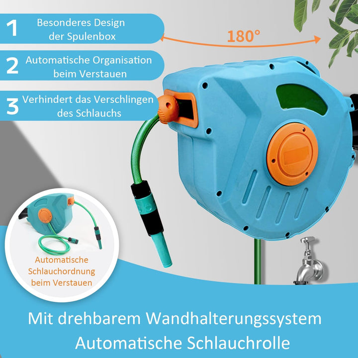 Kurflo Wand-Schlauchtrommel 20 m, Tragbare Schlauchtrommel, Automatischer Rückzug, mit Multifunktion