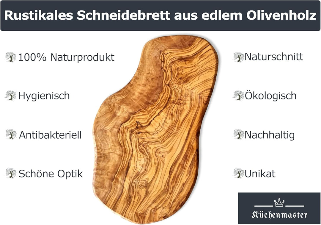 Schneidebrett aus Olivenholz 40 cm im Naturschnitt, Servierbrett, Steakbrett, Küchenbrett | Holzbret