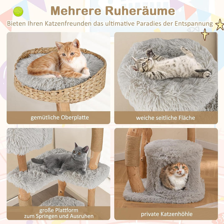 FANTASK Katzenmöbel Massivholz mit Katzenhöhle & Plüschsitzfläche & Sitzplattform, 124cm Kletterbaum