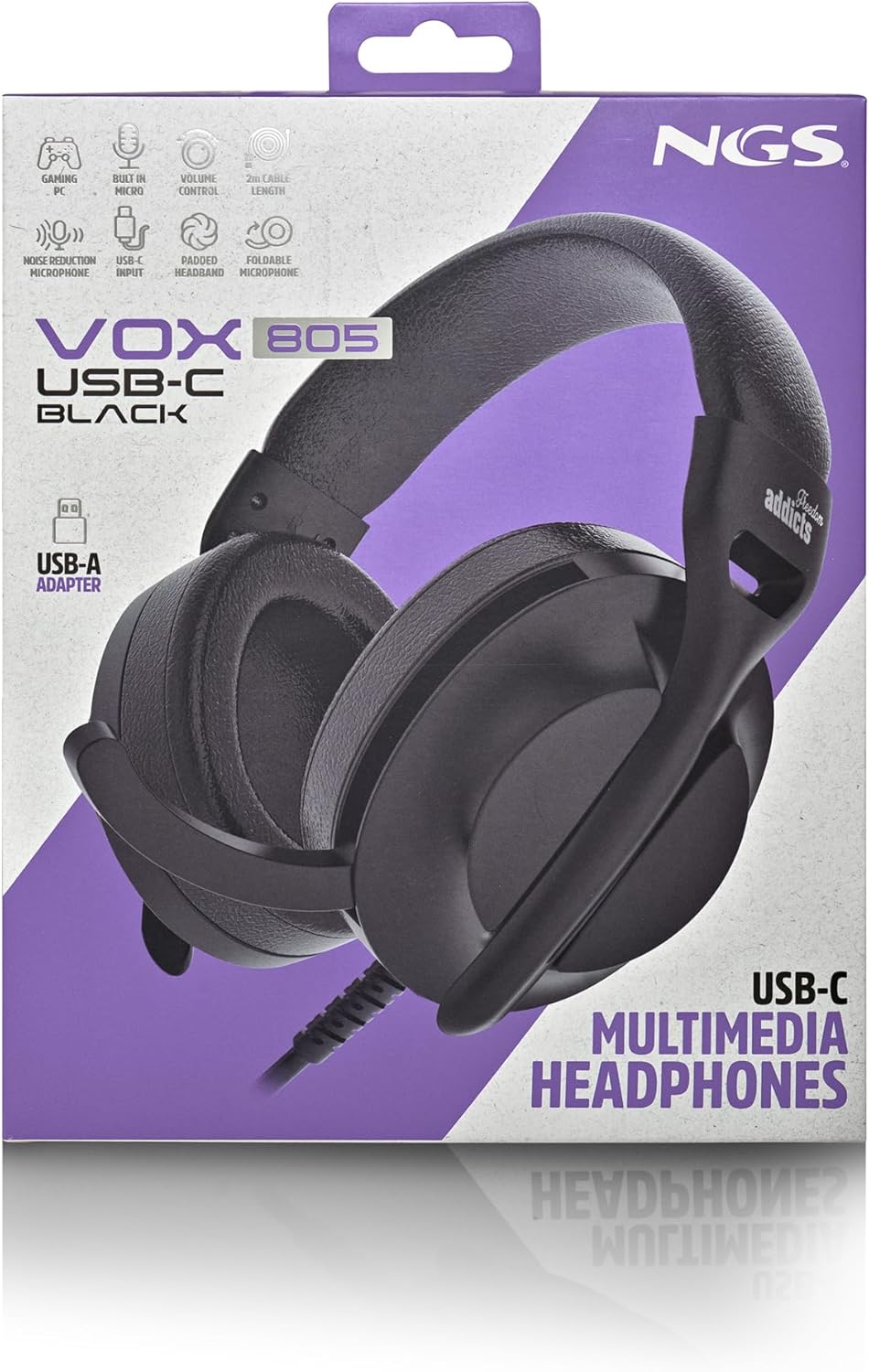 NGS VOX 805 Stereo-Kopfhörer, verstellbares Mikrofon, USB-C und USB-A-Adapter, Geräuschunterdrückung