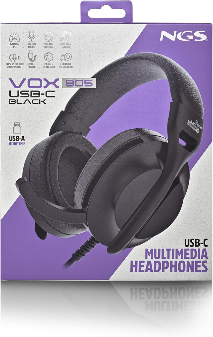 NGS VOX 805 Stereo-Kopfhörer, verstellbares Mikrofon, USB-C und USB-A-Adapter, Geräuschunterdrückung