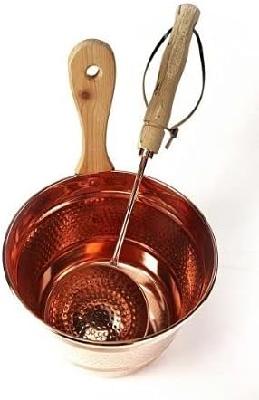 CopperGarden Saunaeimer aus blankem Kupfer mit Schöpfkelle I Schwalleimer mit Wandhalterung aus Holz