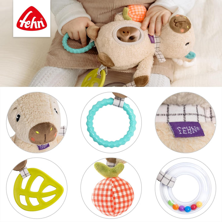 Fehn Activity-Capybara – Motorikspielzeug mit Greifelementen, Beissring und Rassel – Kuscheltier zum