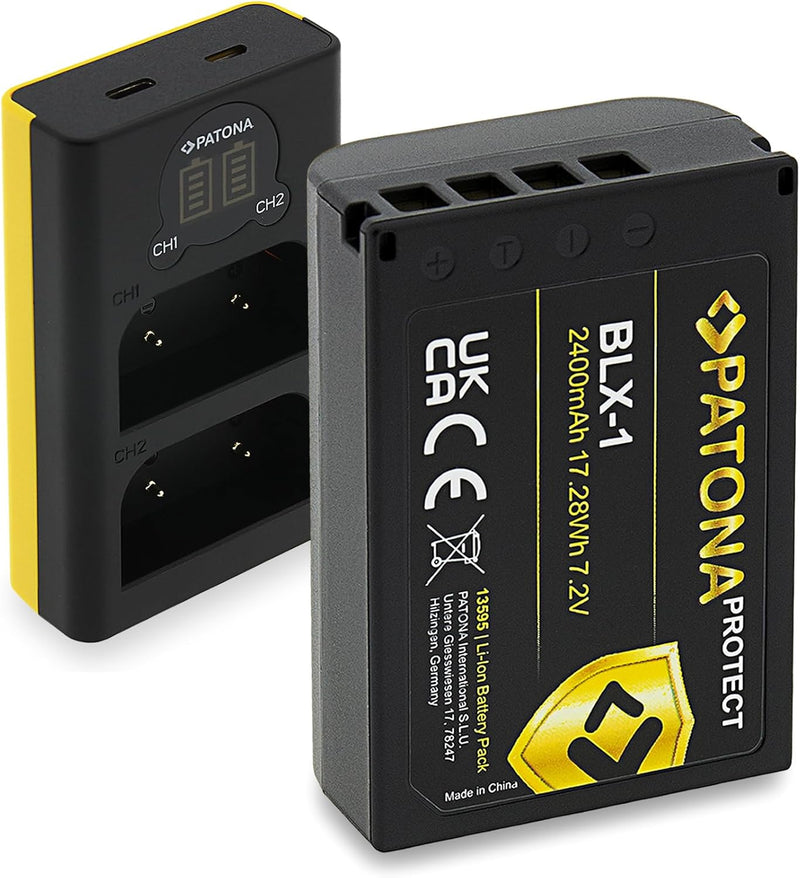 PATONA V1 Protect Akku BLX-1 (2250mAh) inkl. NTC-Sensor und V1 Gehäuse - mit USB LCD Ladegerät (1713