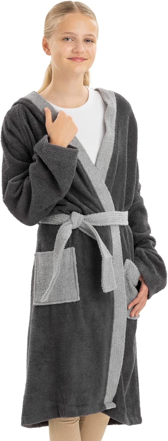 HOMELEVEL Frottee Bademantel für Kinder - Morgenmantel mit Taschen Kapuze Gürtel - Kinderbademantel