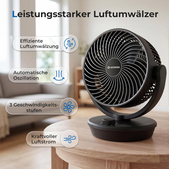 Ateroll Ventilator Leise, Tischventilator, 3D Turbo-Luftzirkulator mit 3 Geschwindigkeitsstufen, 130