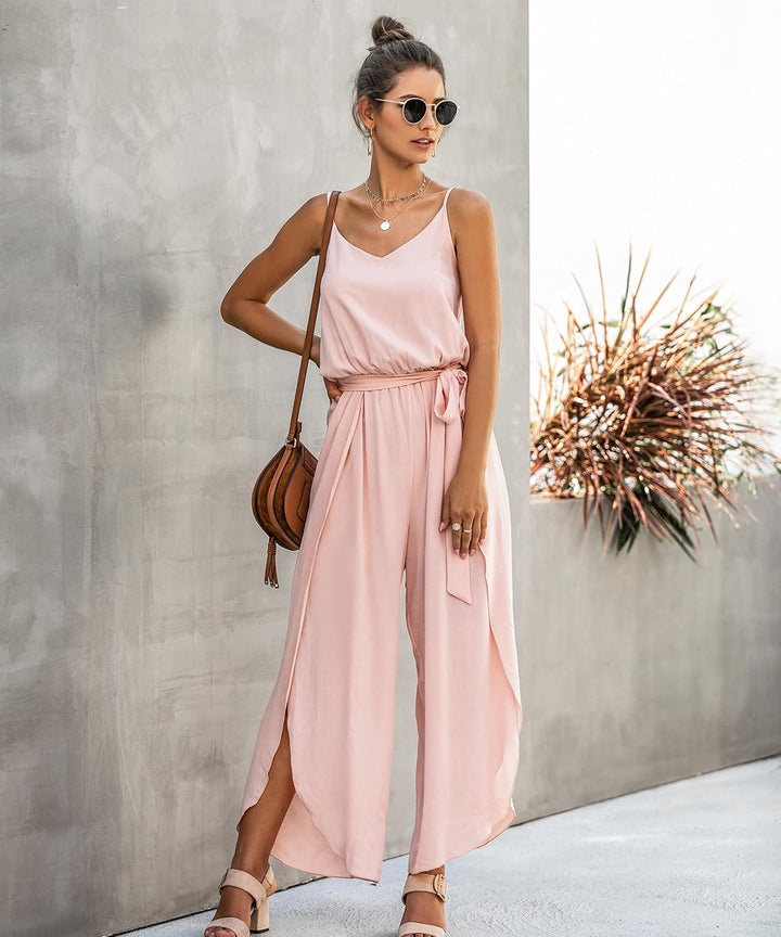 Jumpsuit Damen Sommer Lang: Sexy Cocktail Elegant Mode Gürtel Overall Hochzeit Hawaii Urlaub Strand