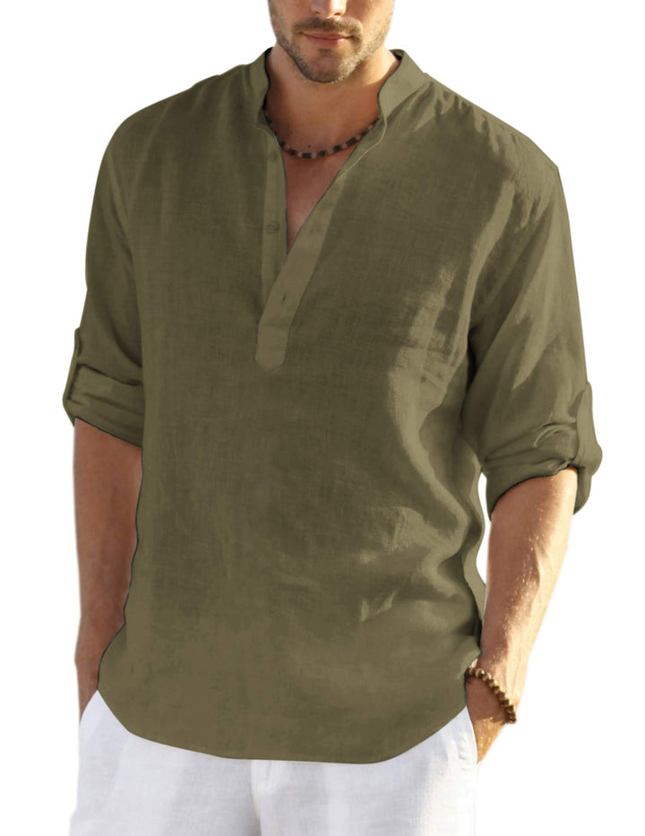 COOFANDY Hemd Herren Langarm Leinenhemd Baumwolle Henley Shirt Casual Regular Fit Sommerhemd S Armee