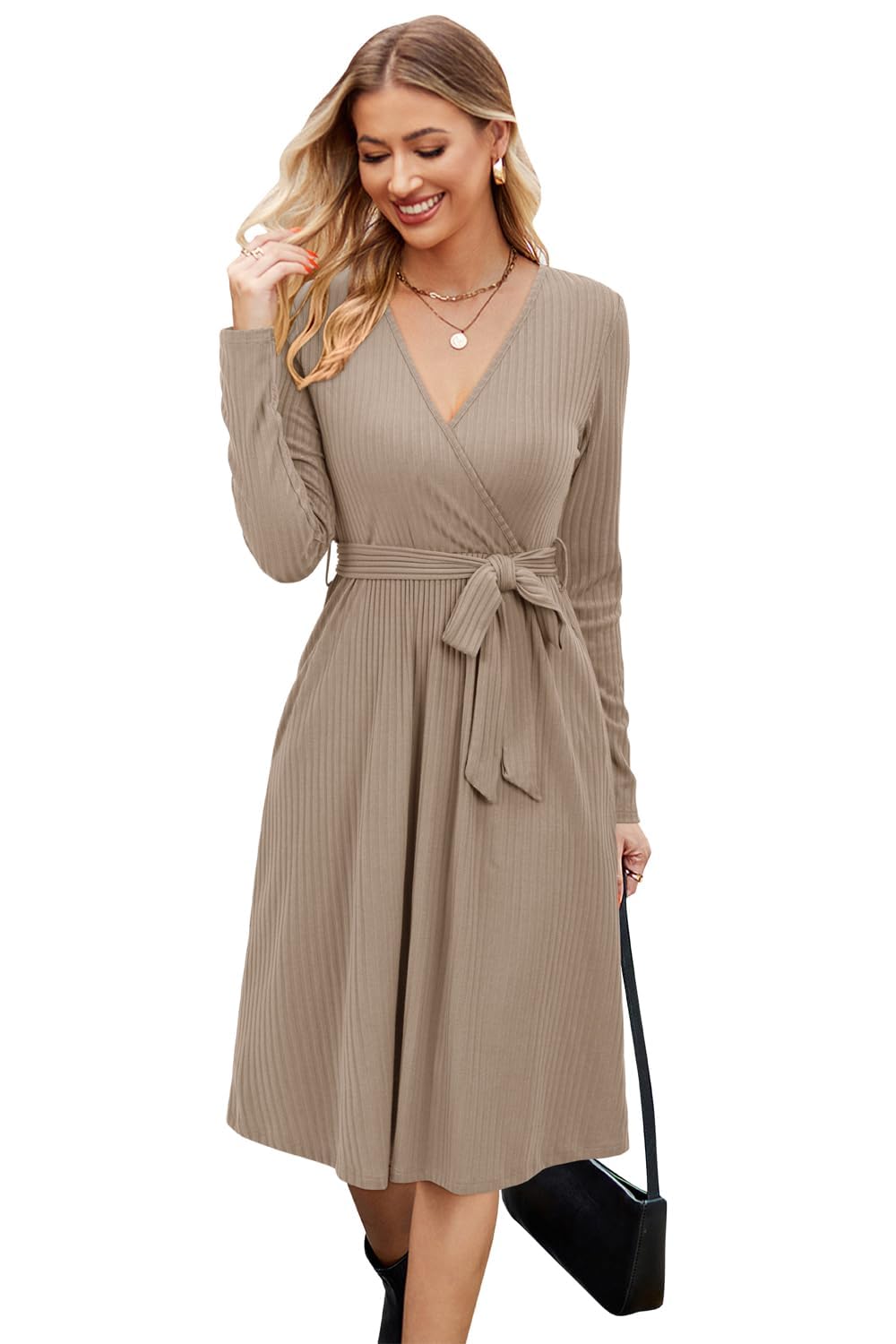 Newshows Strickkleid Damen Herbstkleid V Ausschnitt Pulloverkleid Winterkleid Kleid mit Taschen für