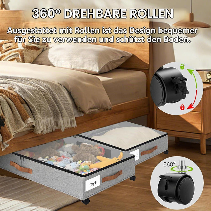 2 Stück Unterbett Aufbewahrungsbox 50L Unterbettkommode mit Rollen &amp; Verstellbar Trennwand Bettkaste