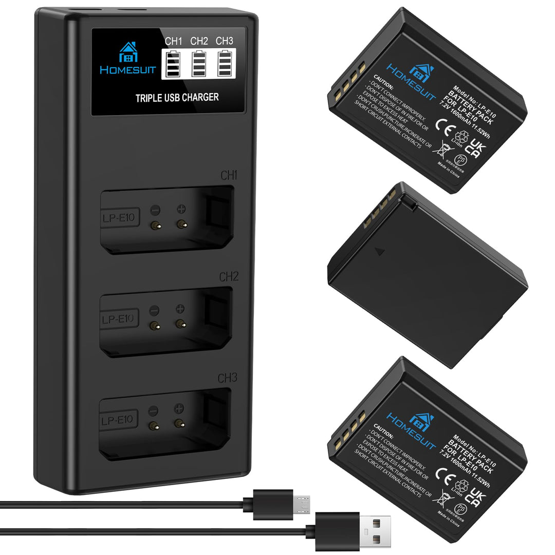 Homesuit LP-E10 Akku 1600 mAh und lp-e10 Ladegerät für Canon EOS 1100D, EOS 1200D, EOS 1300D, EOS 20