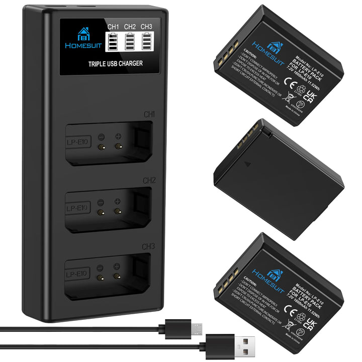 Homesuit LP-E10 Akku 1600 mAh und lp-e10 Ladegerät für Canon EOS 1100D, EOS 1200D, EOS 1300D, EOS 20