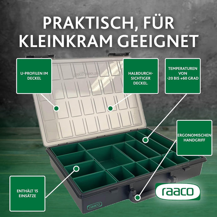 raaco Assorter 55 4x8-15: Premium Sortierbox für Werkstatt, 15 Einsätze, Sortimentskasten & Sortierb